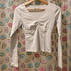 Hollister White V-Neck Ribbed Long Sleeve